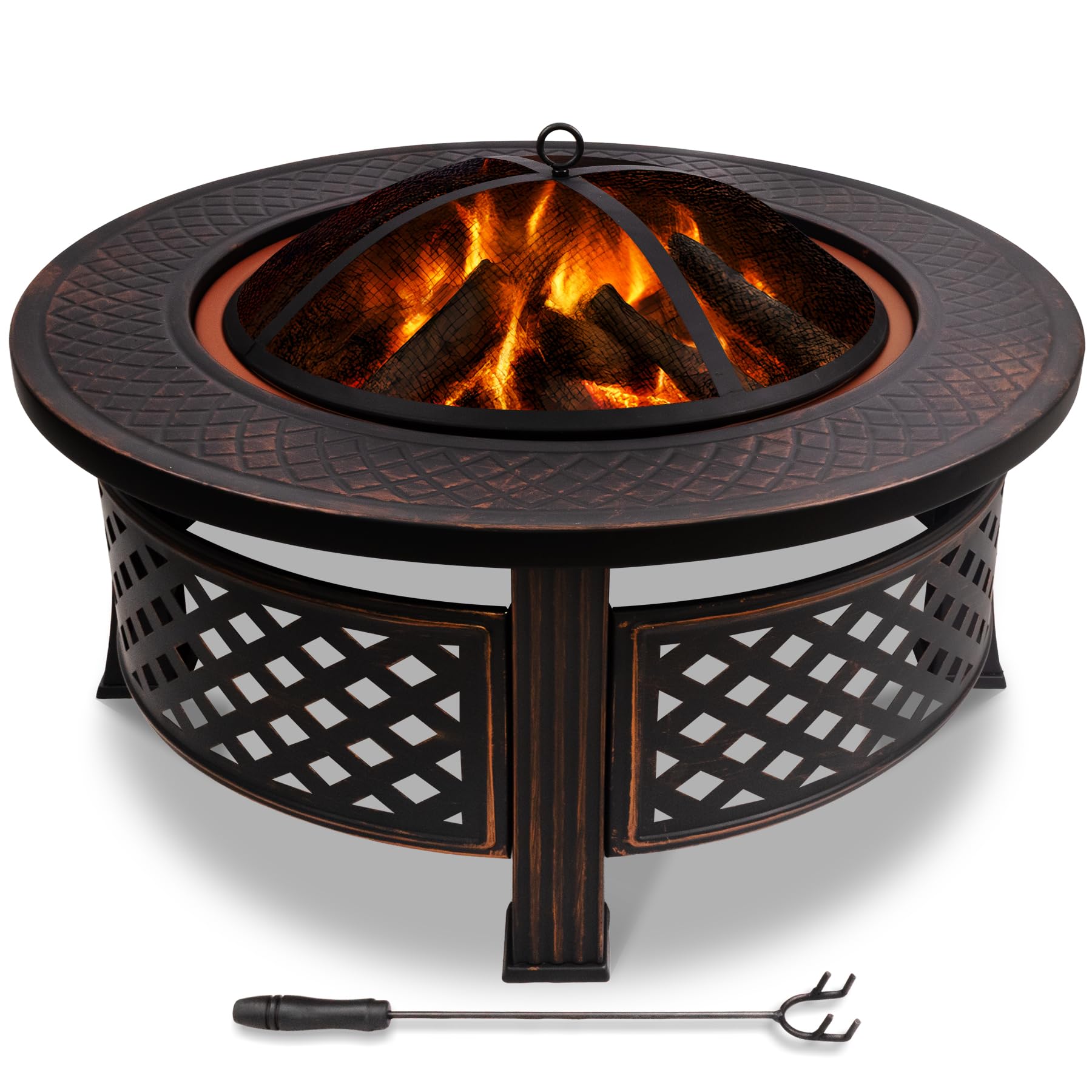 VOUNOT® Brasero Extérieur Ø81cm en Métal avec Pare Étincelles Couvercle et Tisonnier Chauffage de Jardin Terrasse Foyer Rond Noir