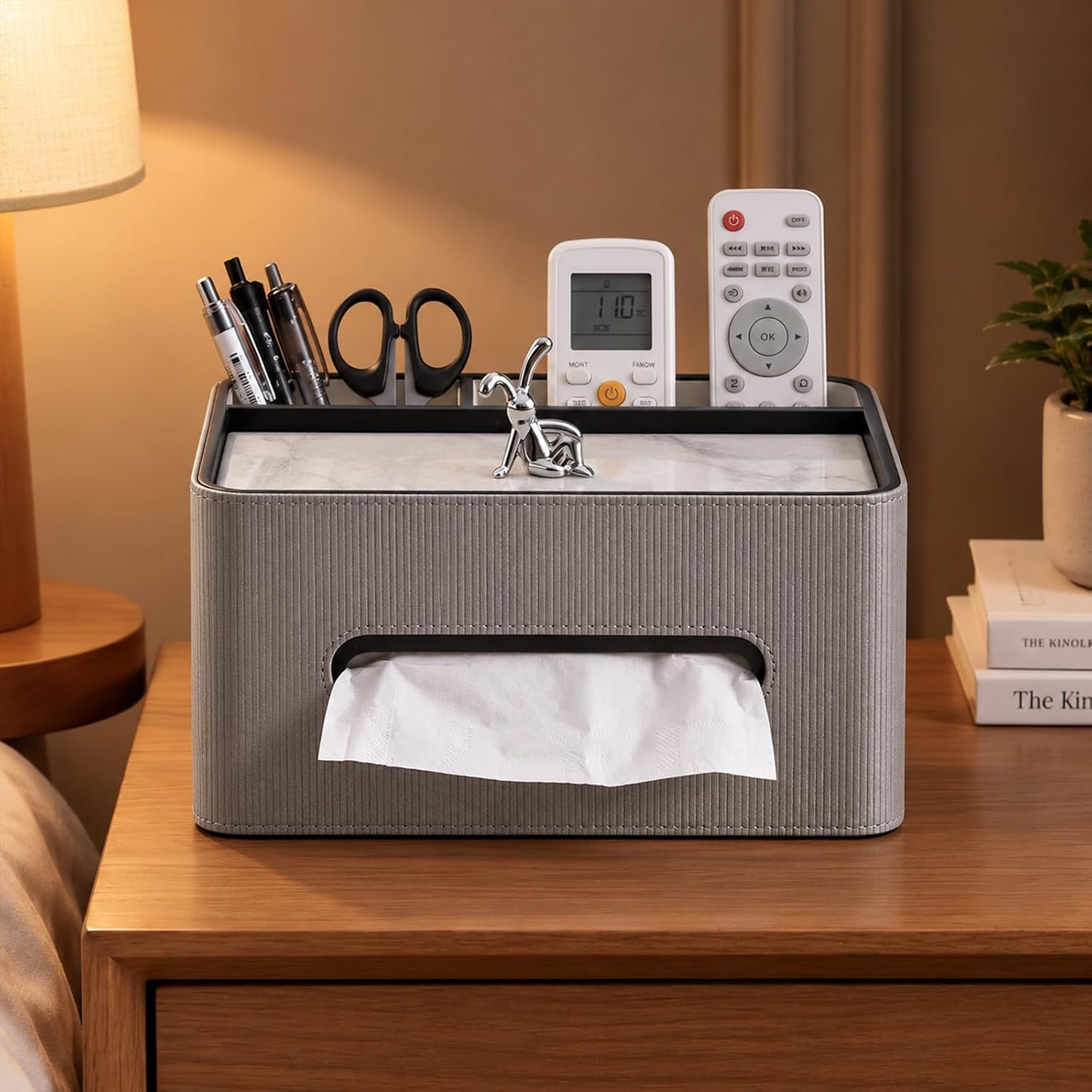 PU Leather Rectangle Tissue Box Cover with Storage Organizer, Gray image 2