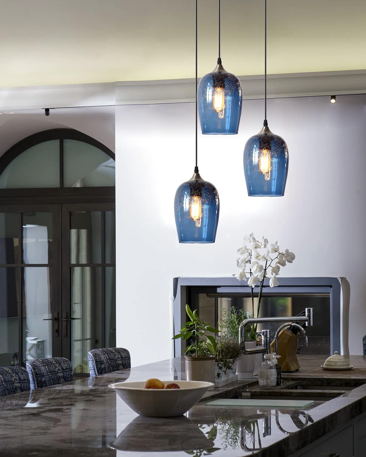 ARIAMOTION Pendant Light Fixtures Ceiling Hanging Glass Pendant Lighting for Kitchen Island Modern Blue Bubbles Teardrop Chandelier Over Dinning Room Table Bathroom 3 Lights 7 Inch H 5.5Inch Diam - - 