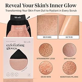 Kitsch Exfoliating Gloves 2pc - Korean Exfoliating Mitt & Deep Exfoliating Body Scrubber for Shower, Bath | Body Exfoliator, Dead Skin Remover | Skin Care for Smooth, Renewed Skin - Black & Terracotta