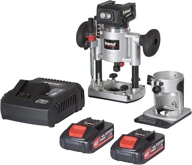 Trend T18S/R14K2 18V Cordless 1/4" Brushless Dual Base Plunge and Trim Router Kit (2 x 4Ah Battery and Fast Charger)