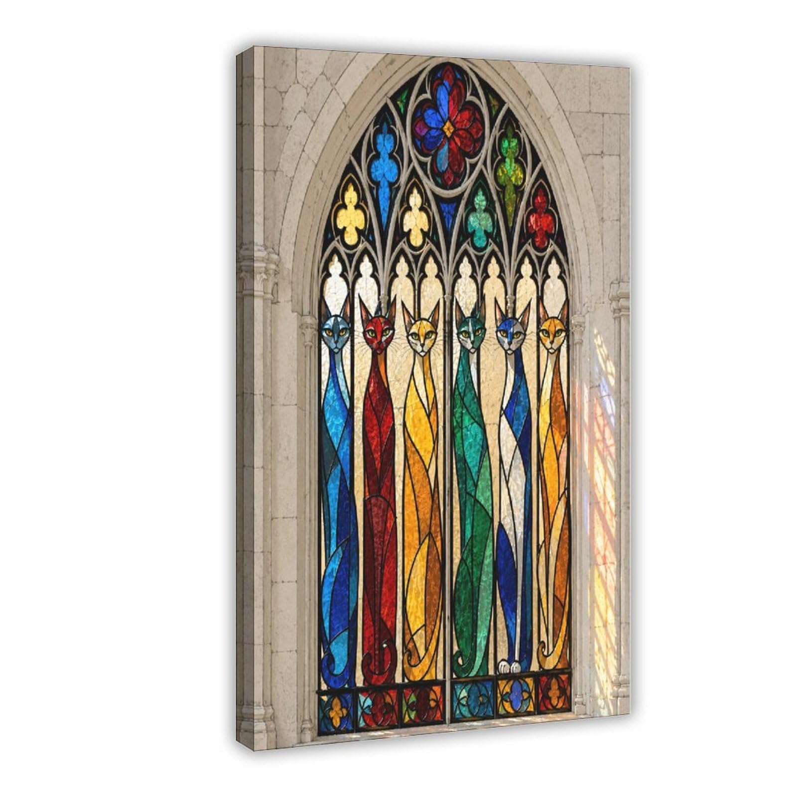W7C8U2X3 Stained Glass Cats Canvas Wall Art, Mosaic Gallery Wall