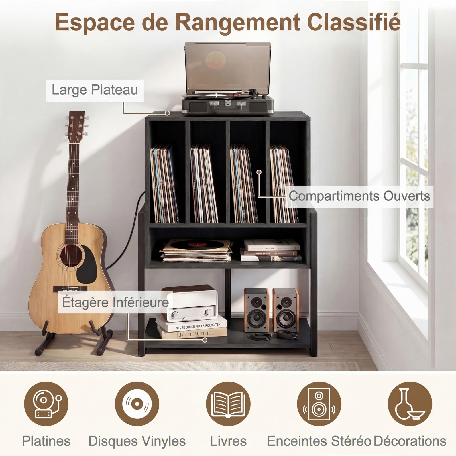 COSTWAY Meuble Platine Vinyle avec Prise, Meuble Rangement jusqu'à 180 Vinyle, 4 roulettes Inclus, Étagères, 5 Compartiments, Support Tourne Disque pour CD, DVD, Manga, Livres(avec Prise,Noir)