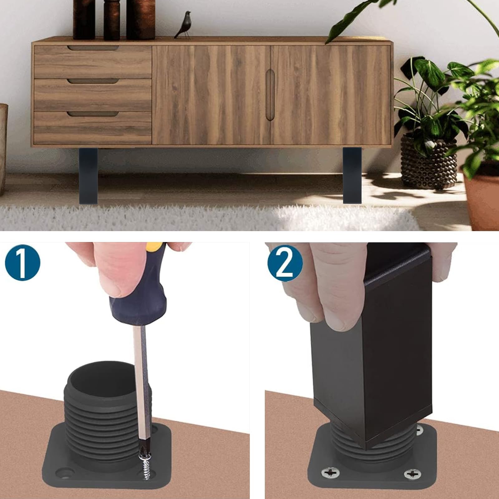 4 Piedini Regolabili Per Mobili In Metallo Nero – Altezza Da 25 A 43 Cm, Antiscivolo, Con Viti Incluse, Per Letti, Tavoli, Armadi E Divani