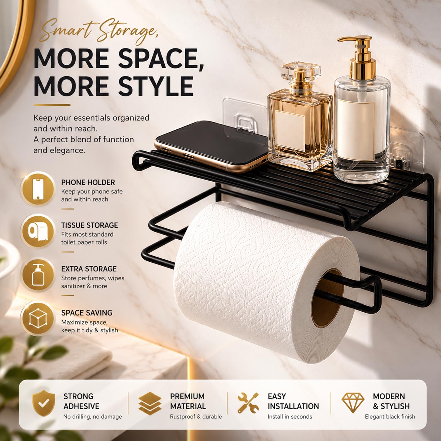 Xenoty 1 Pc Self Adhesive Toilet Paper Holder with Shelf | Tissue Paper Roll Holder | Towel Holder Storage Rack - Black, 20 X 9cm (Plain)