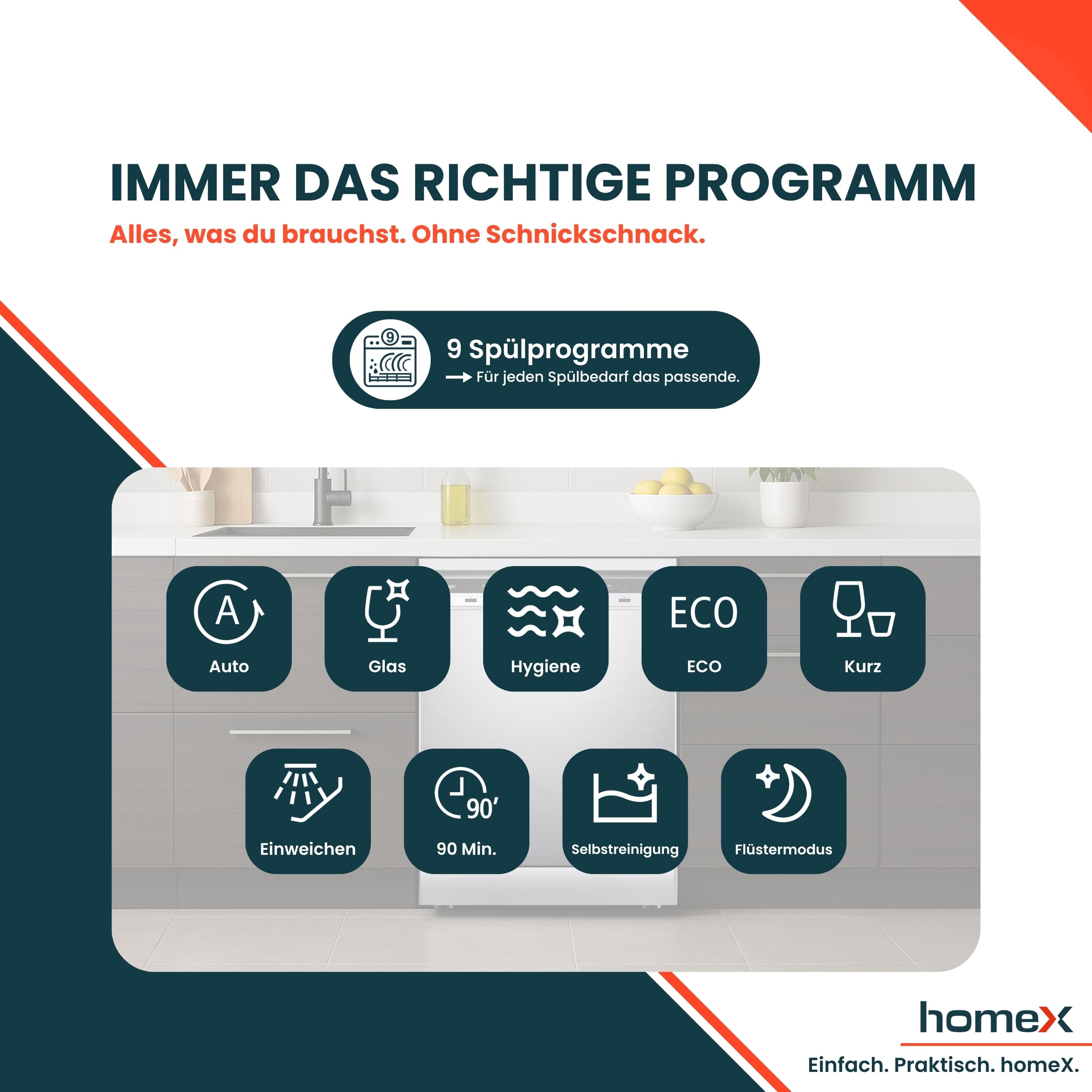 homeX DWFS601442A-S Geschirrspüler 60 cm, Spülmaschine freistehend - 14 Maßgedecke, 9 Programme, Energieklasse A, AquaStop, Besteckschublade, 42 dB, Überlaufschutz, Auto Door, Unterbaufähig, Silber