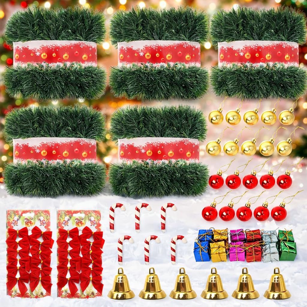 250FT Christmas Greenery Garland for Holiday Indoor Outdoor Decor, Non-Lit Soft Artificial Twist Garland with Red Bows Balls, Home Artificial Greenery for Christmas Wedding Party Decorations