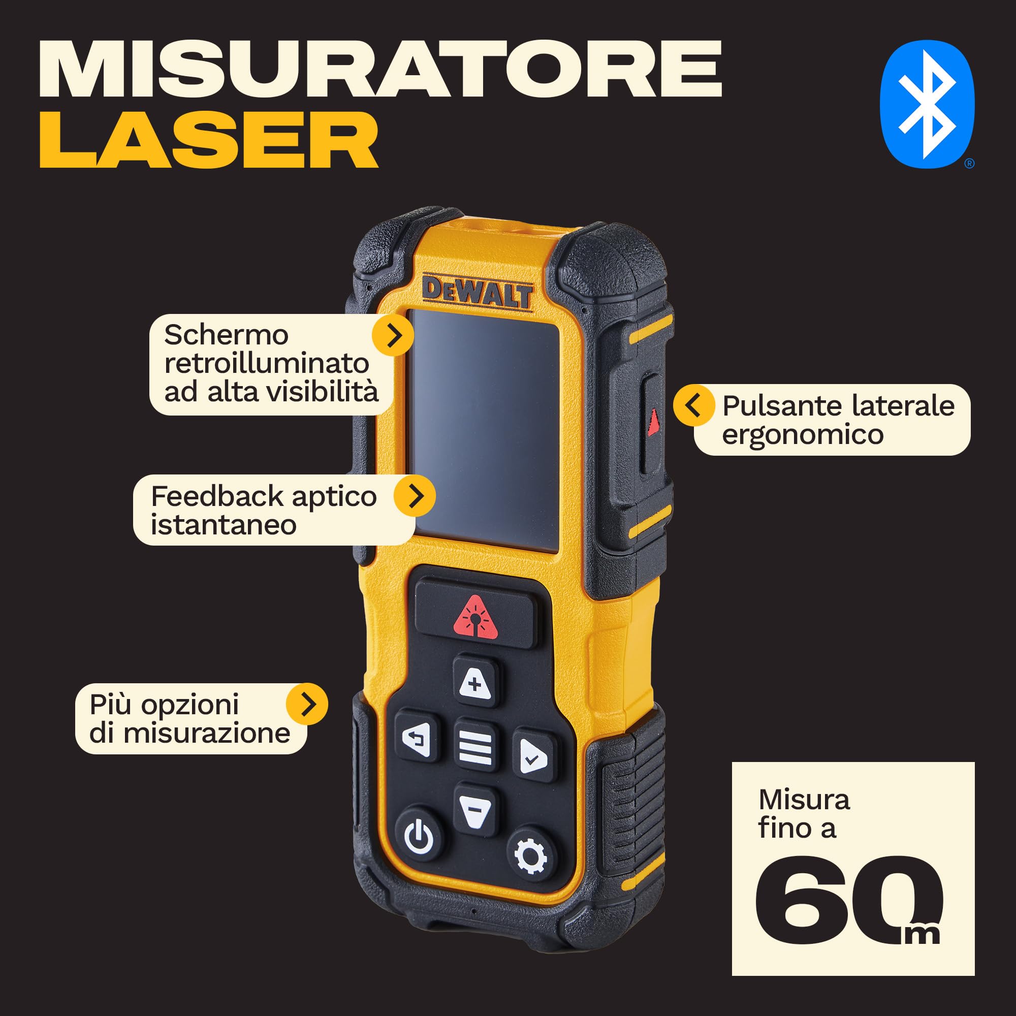 DEWALT Misuratore di distanze laser 60 metri con batteria al litio ricaricabile fino a 60m, DWHT78200-XJ