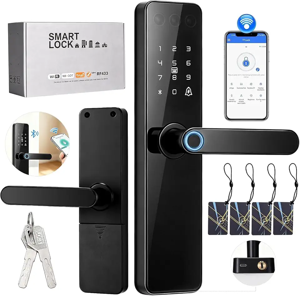 Fechadura Digital Elétrica Inteligente 5 em 1 Biometria, Bluetooth, Senha, Chave, Tag