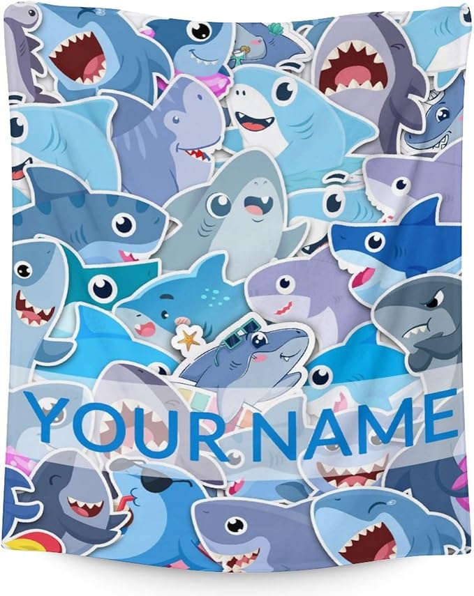 Personalized Shark Blanket Gifts with Name - 60"x80" Cute Throw Blanket for Kids & Adults - Blue Soft Fuzzy Blankets for Bed, Couch & Living Room