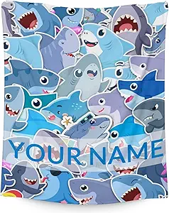 Personalized Shark Blanket Gifts with Name - 60"x80" Cute Throw Blanket for Kids & Adults - Blue Soft Fuzzy Blankets for Bed, Couch & Living Room