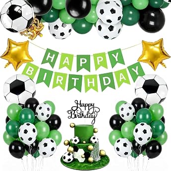Morofme Football Decoration Birthday 45 Pieces Green Football Decoration with Football Balloon Trophy Stars Foil Balloon Birthday Banner Cake Topper for Football Decoration Birthday Children's