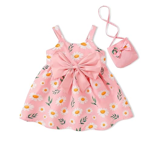 Vestidos infantis de verão sem mangas com laço e laço para bebês vestidos de verão casuais para meninas fofas chapéu + bolsa, rosa, 18-24 Meses