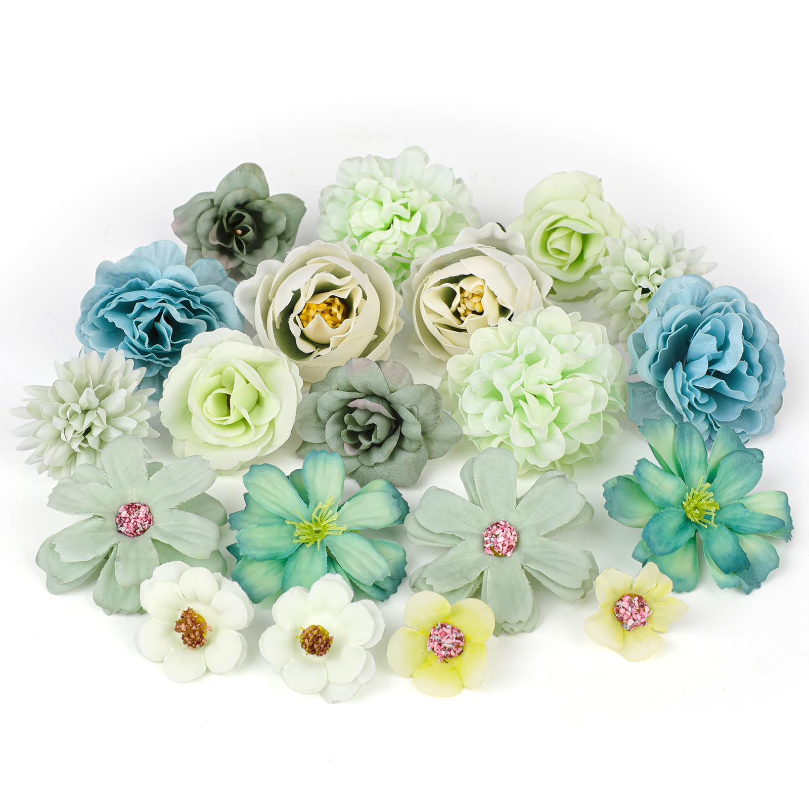 MWOOT 20 Pcs Artificial Flower Heads, Small Faux Flowers for Crafts, Fake Rose Peony Cherry Flowers Heads for DIY Wreath Cake Wedding Bouquet Party Home Garden Decoration (Green) โ image 1
