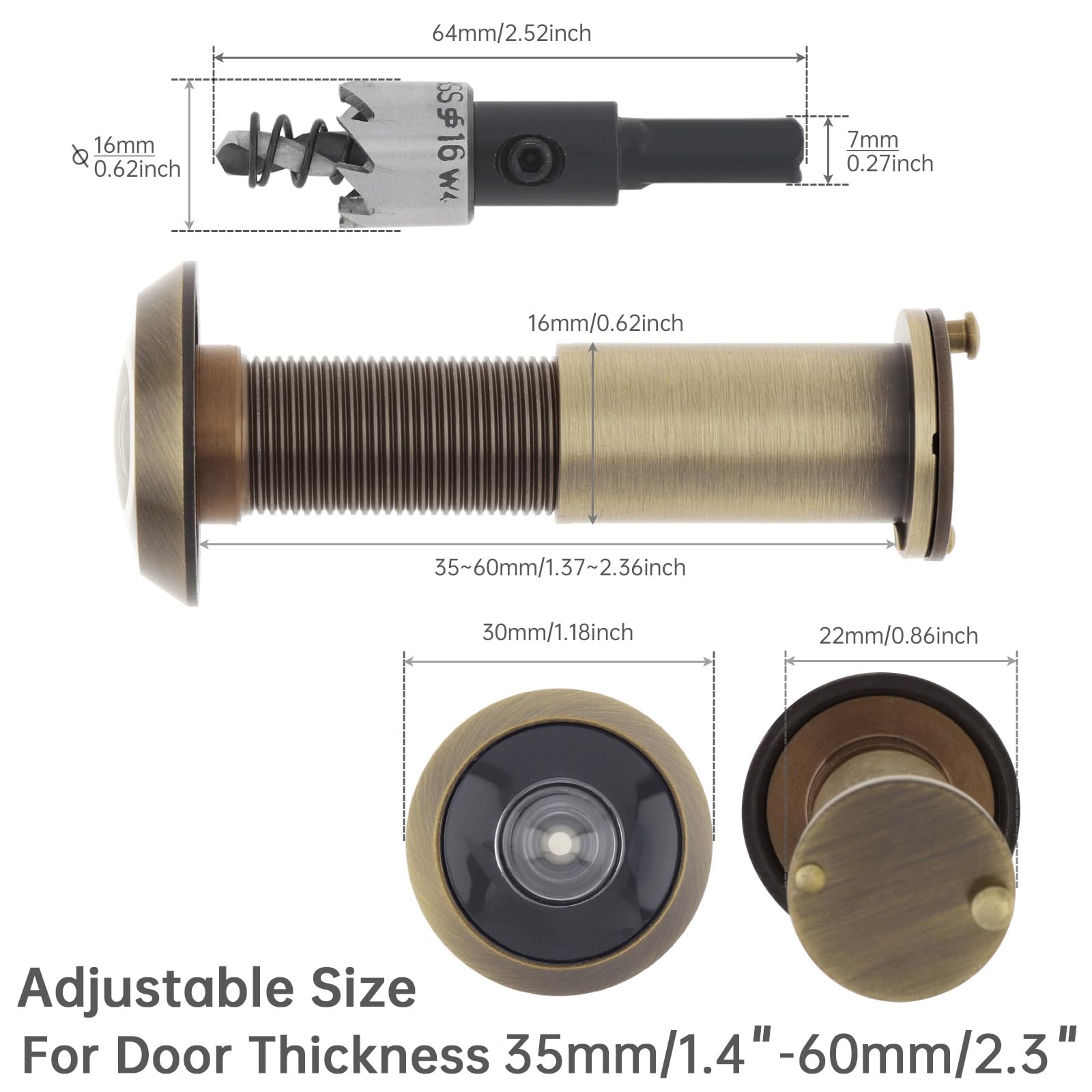 HOJLKLD Door Viewer, 16mm Brass Door Peephole with 16mm (5/8") Drill Bit for 35mm to 60mm (1-3/8" to 2-3/8") Doors - Image 2