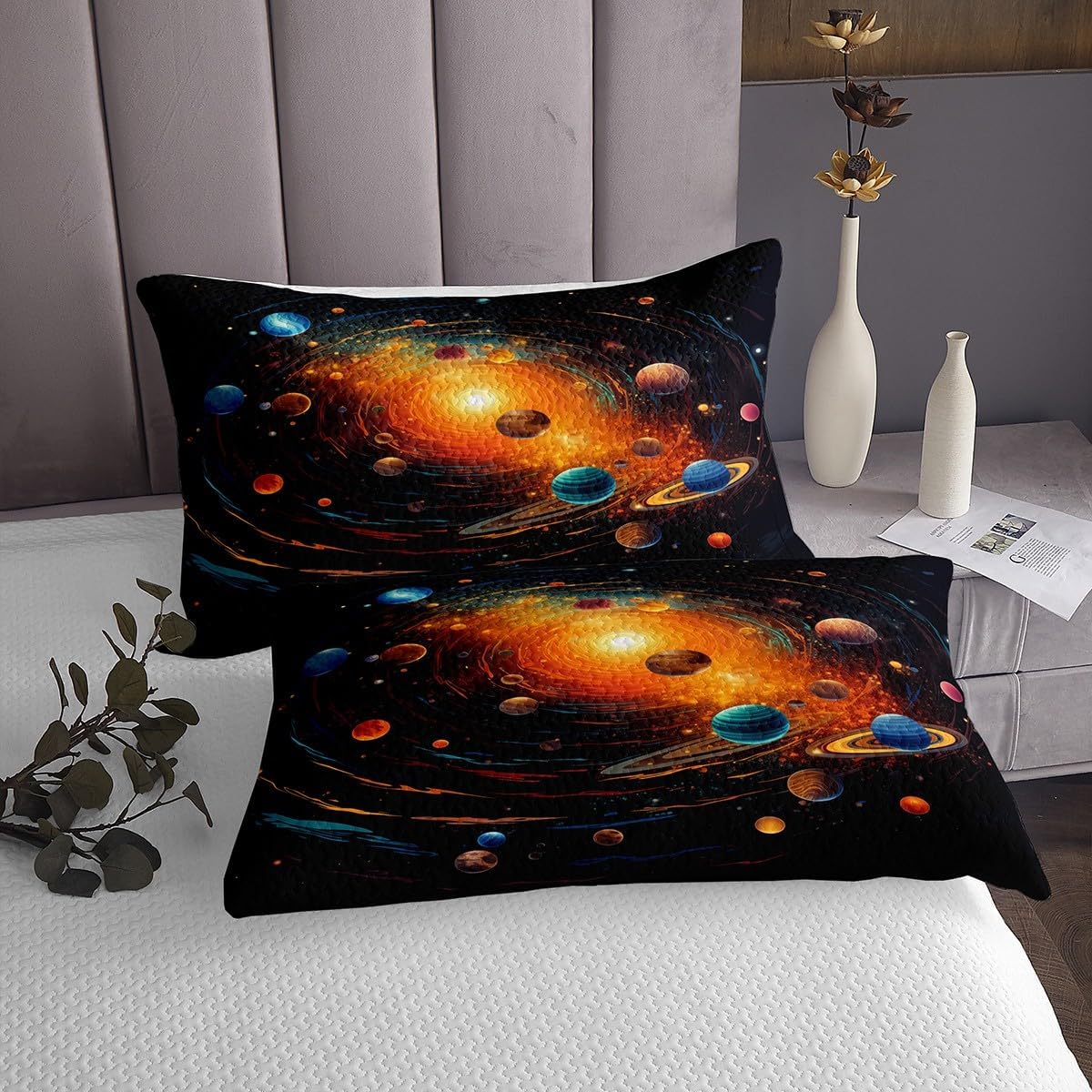 Homewish Outer Space Bedspread Twin Size,Universe Planet Bedding Set for Kids Boys Girls Room Decor,Stars Galaxy Solar System Coverlet Set 2Pcs,Orange Swirl Modern Fashion Quilt,1 Pillowcase