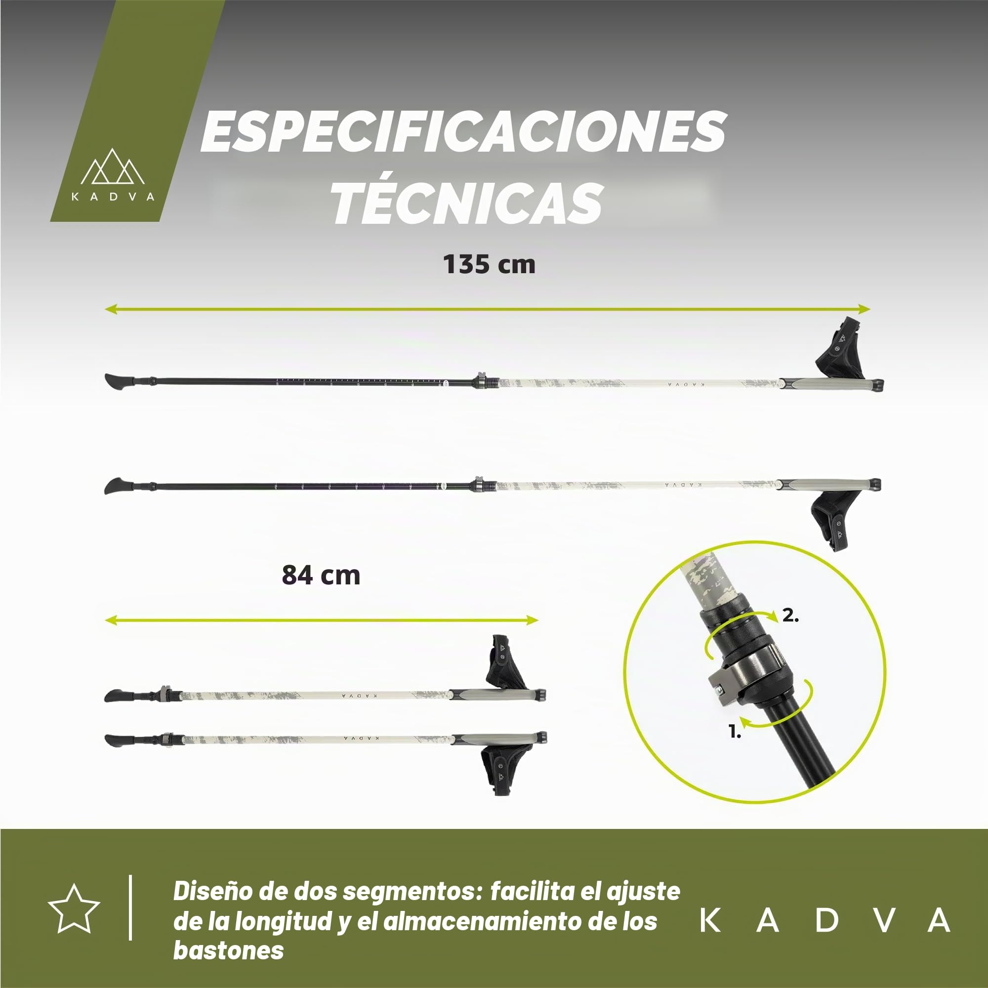 KADVA Bastones de Marcha nórdica HALNA Verde Ajustable 84-135 cm Bloqueo rápido Mango Polipropileno TPR