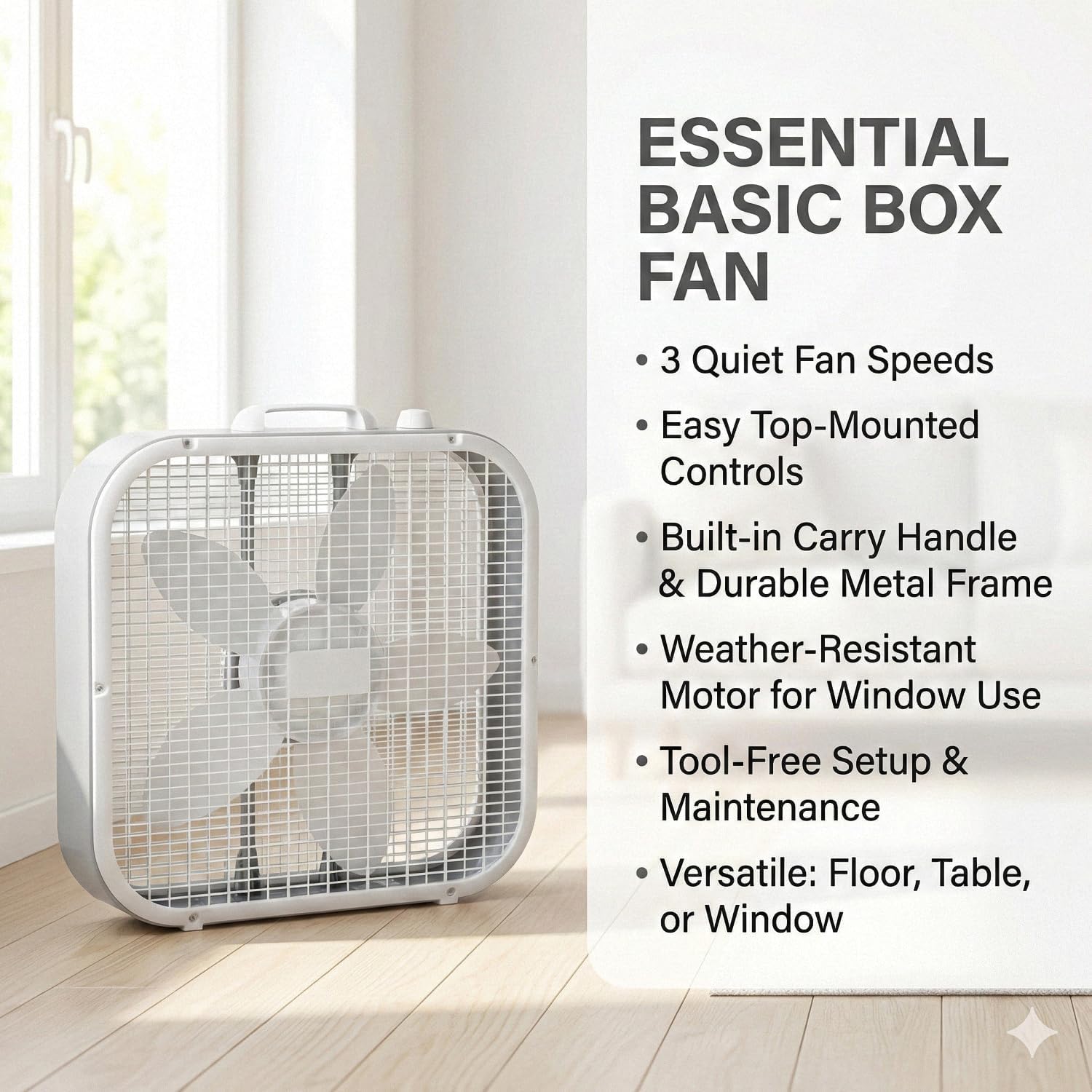 20-Inch Weather-Resistant Box Fan – 3-Speed High Velocity Air Circulator for Window, Greenhouse & Home – Energy Efficient Floor Fan with Carry Handle, White