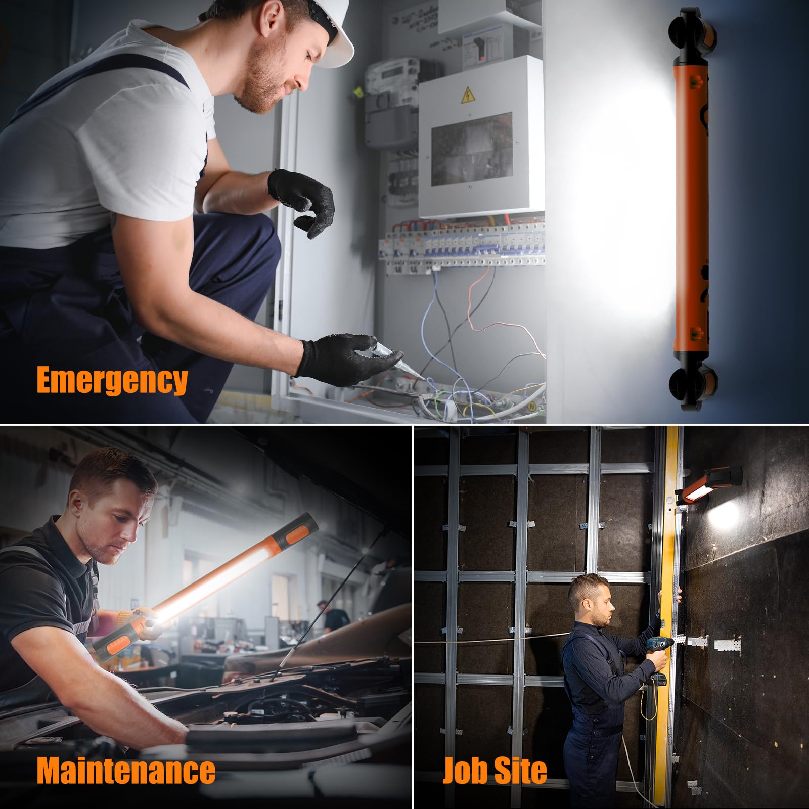 Luz de trabajo, luz de trabajo LED de 3000 lm, luz de trabajo magnética recargable de 5200 mAh, luces de trabajo inalámbricas debajo del capó con ganchos para mecánicos, inspección, taller,