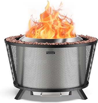 Panovue 29 Large Capacity Smokeless Fire Pit for Outside,HeavyDuty Wood Burning Firepit with DualWall Design, Mesh Shield, PullOut Ash Pan, Stylish Patio for Backyard Gatherings
