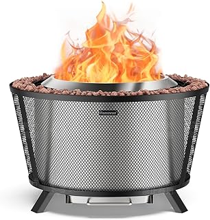 29” Large Capacity Smokeless Fire Pit for Outside,Heavy‑Duty Wood Burning Firepit with Dual‑Wall Design, Mesh Shield, Pull‑Out Ash Pan, Stylish Patio for Backyard Gatherings