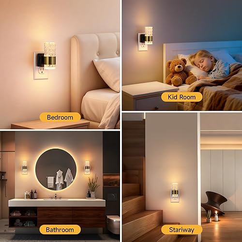 Miniatura 8 de Luz nocturna LED regulable con sensor de atardecer a amanecer, brillo ajustable de 0 a 100 lúmenes, anillo dorado acrílico de 3000 K, para baño,