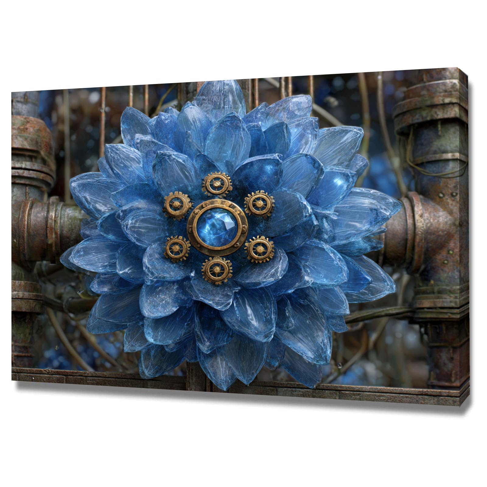 ZAMAEIU Moderno Flores Arte Deco Botánica Flores azules mecánicas decoración de pared moderna para dormitorio, baño, sala de estar（Azul-50x70cm Enmarcado
