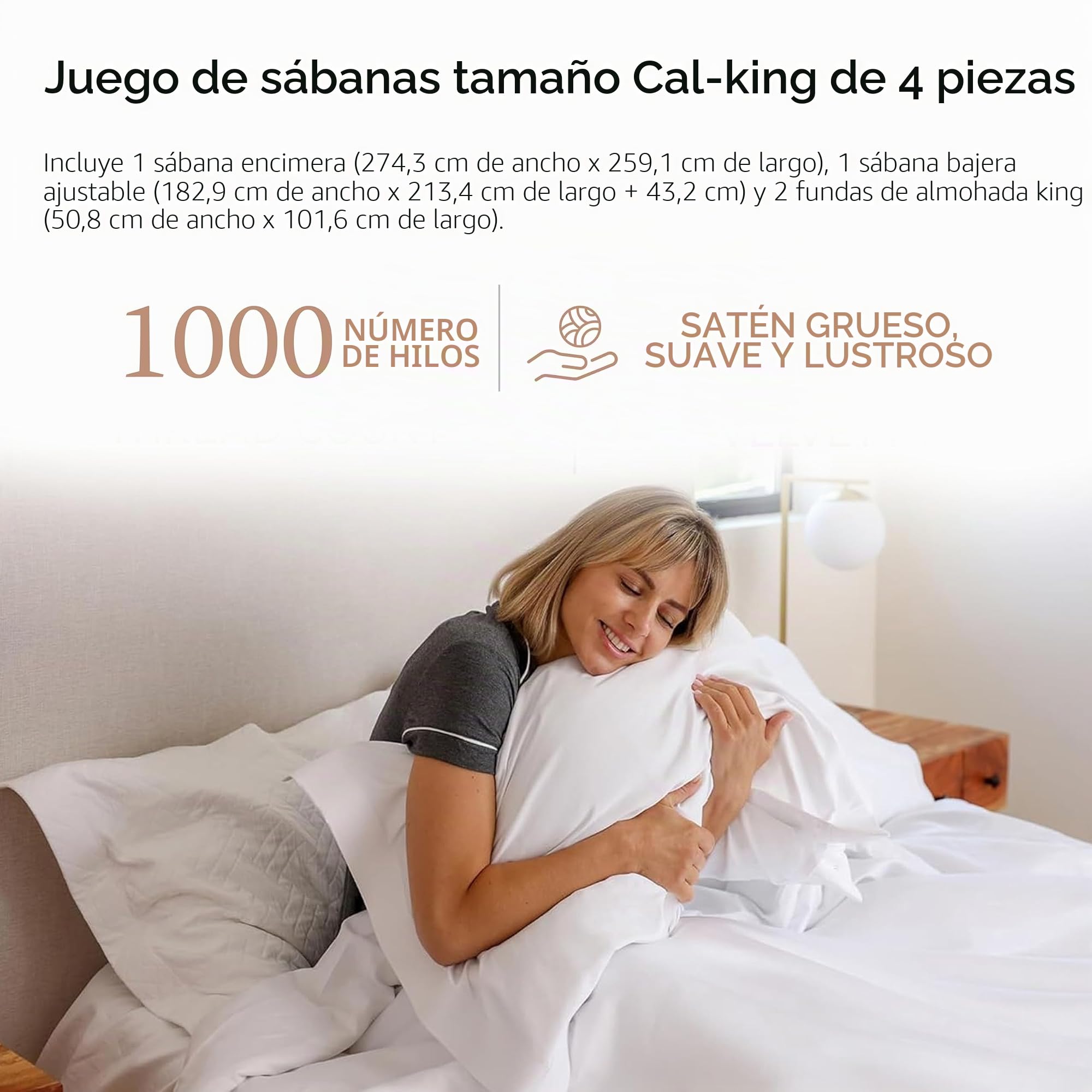 Threadmill Home Linen Juego de sábanas de 1000 Hilos 100% algodón Supima ELS, tamaño California King, Ropa de Cama de Lujo, Juego de sábanas de 4 Piezas, Color Blanco, Tejido de satén Suave.