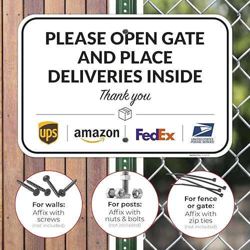 Vista 350 de Cartel de entrega del paquete, letrero de instrucciones de entrega, 10 x 7 pulgadas, aluminio 040 libre de óxido, resistente a la decoloración