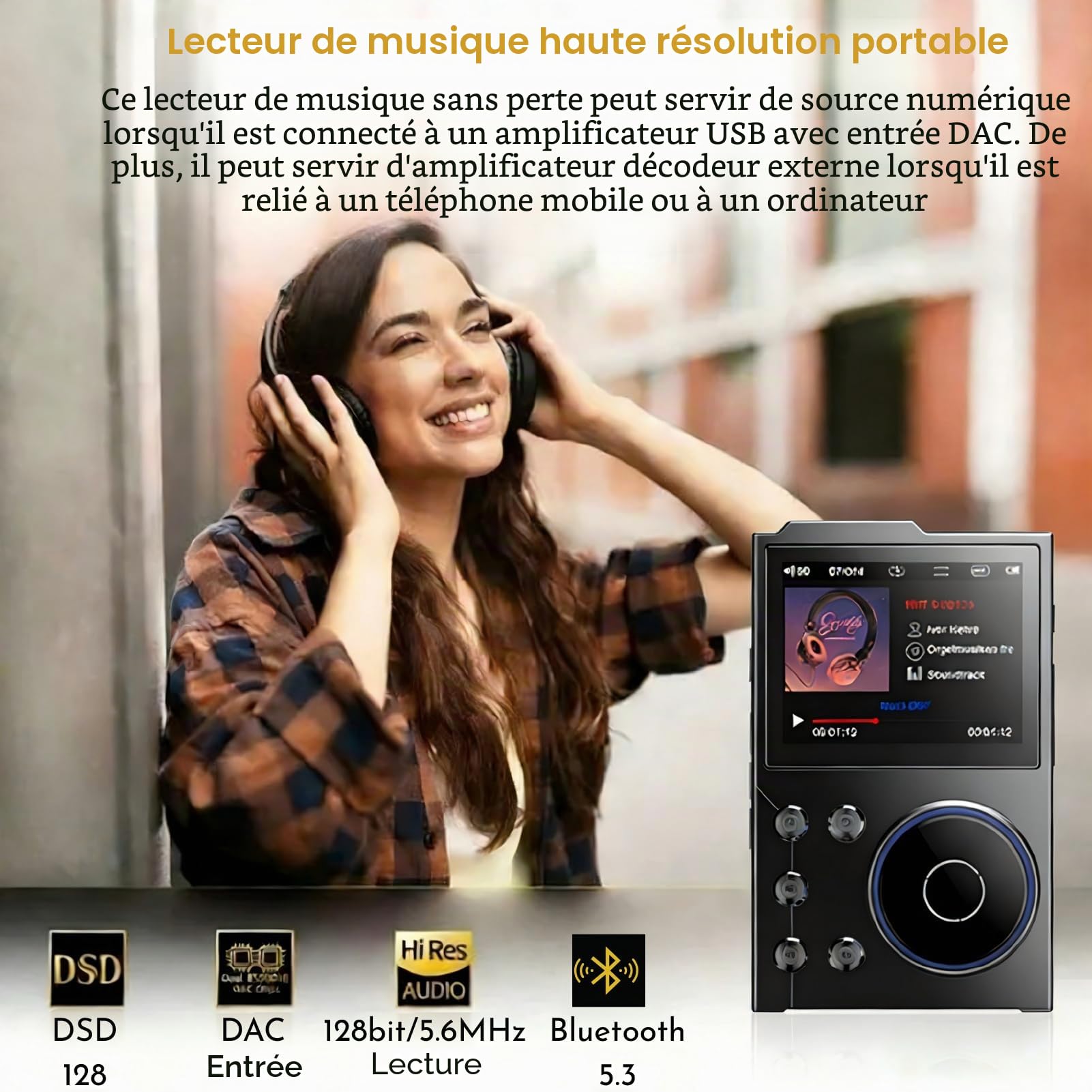Lecteur MP3 Bluetooth 5.3 HiFi DSD DAC Hi -res Flac Digital Music Player 2,4 Pouces Écran HD avec Une Carte Mémoire de 16 Go Prend en Charge jusqu'à 256 Go