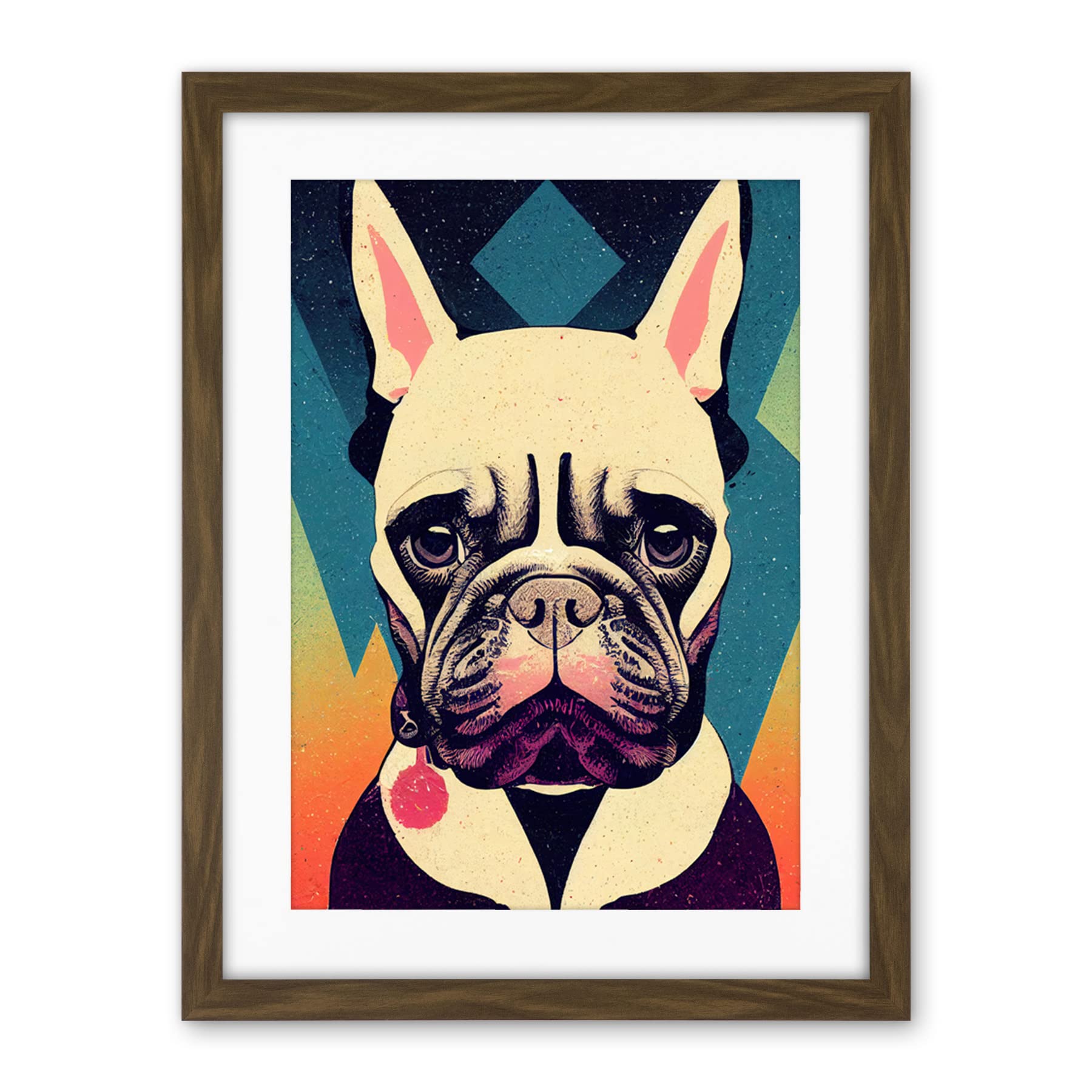 Wee Blue Coo French Bulldog Portrait Geometric Pastel Modern Illustration Artwork Framed Wall Art Print 18X24 Inch