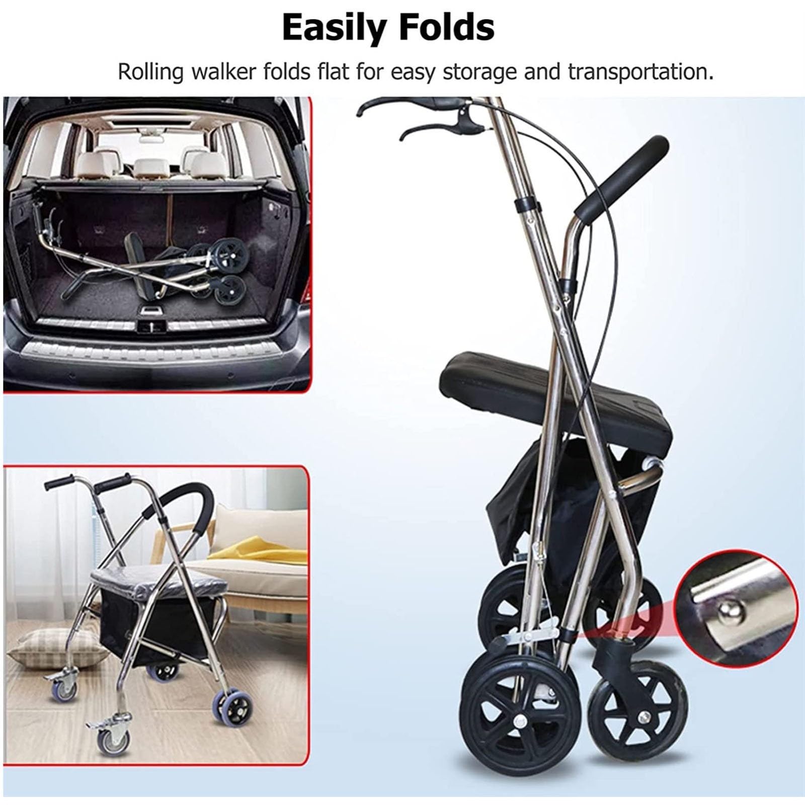 Rollator De 4 Ruedas, Andador para Ancianos con Asiento, Andador para Minusválidos, Andador con Frenos por Presión, Lige Altura Ajustable B