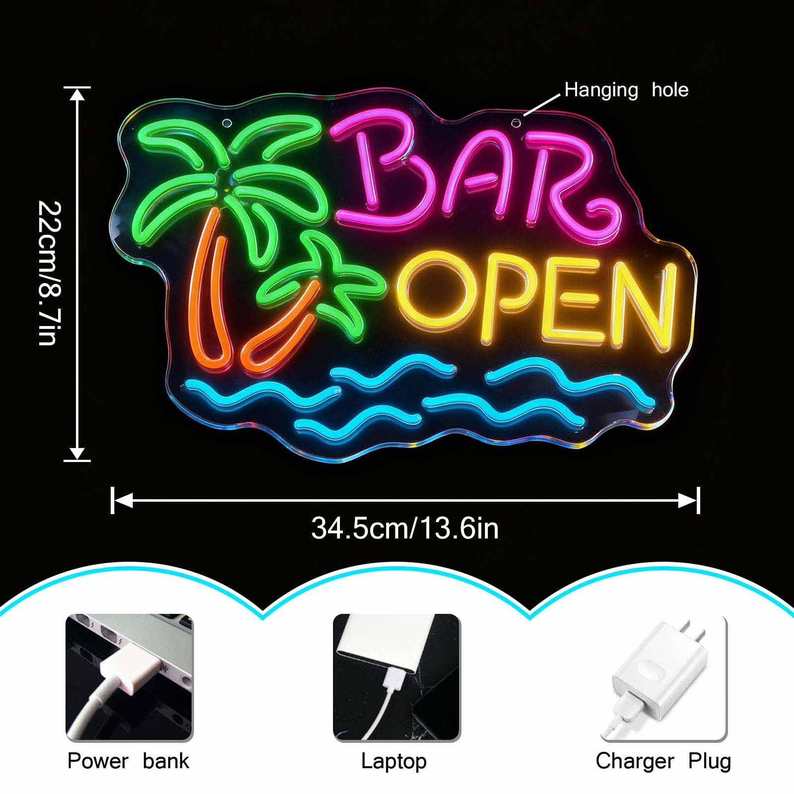 BAR OPEN neonowy znak, z możliwością przyciemniania, intensywność światła, palma i fala, dekoracja USB, dekoracja do domu, baru, na imprezę, z wiszącym łańcuszkiem (zielony + pomarańczowy + różowy +