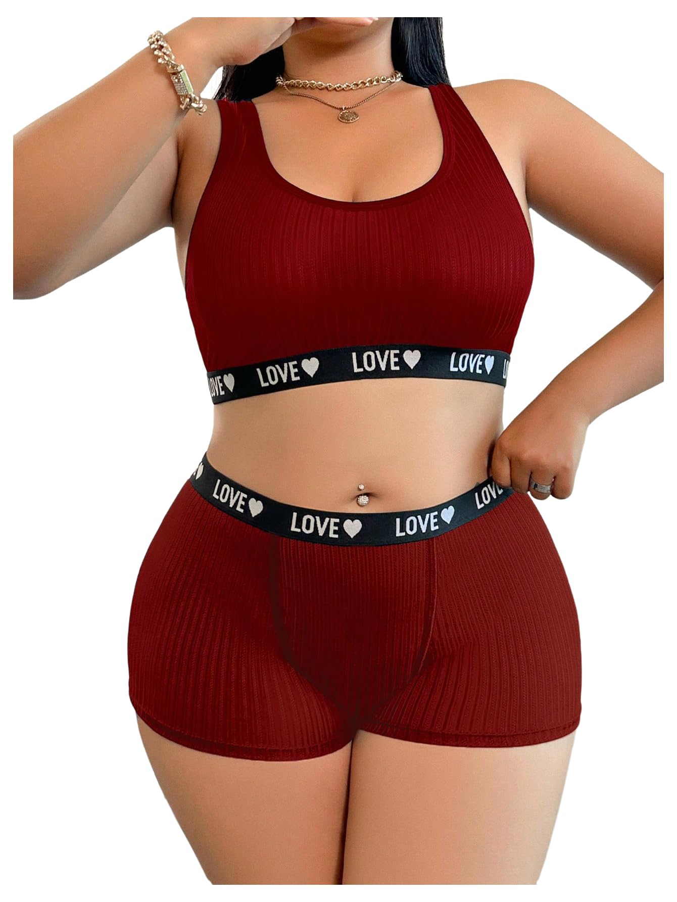 RoseSeek Women's 2 Piece Letter Print Lingerie Set Sleeveless Scoop Neck Sports Bras and Boyshorts Set