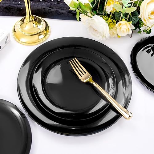 Miniatura 5 de PULOTE 100 platos negros desechables  Platos de plástico negro resistente de alta calidad  Incluye 50 platos llanos negros de 10.25 pulgadas, 50
