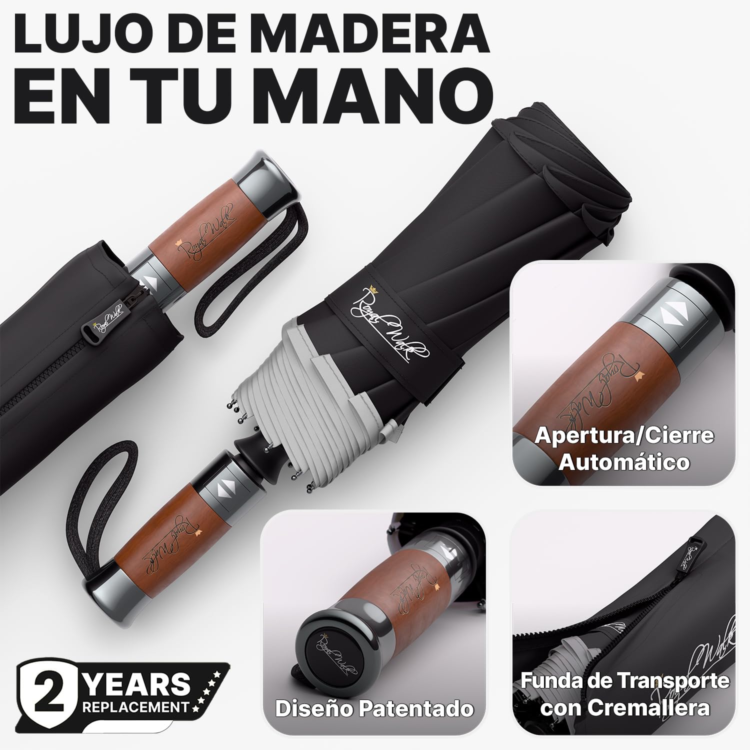 Royal Walk Paraguas de viaje plegable resistente al viento, compacto y fuerte, mango de madera auténtica, apertura automática, doble toldo ventilado para hombres y mujeres, Black, L, Moderno