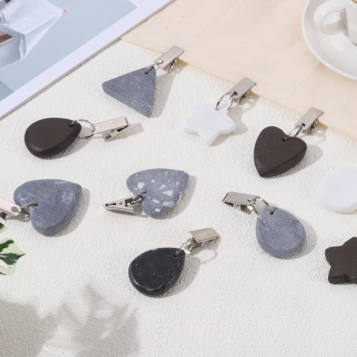 uxcell 12Pcs Tablecloth Weights, Marble Table Cover Weights with Metal Clips, Heart Shape Stone Tablecloth Pendant 4 x 4cm for Outdoor Party Picnic Garden Table Decoration, White