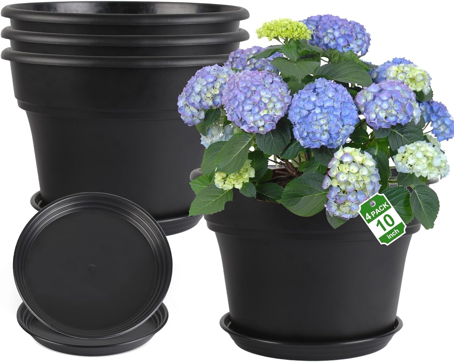 13-inch-Plant-Pots, 4 Pack Large Planters for Outdoor Plants, Plastic Flower Pots Indoor with Drainage Holes & Trays, Classic Garden Pot Container for House
