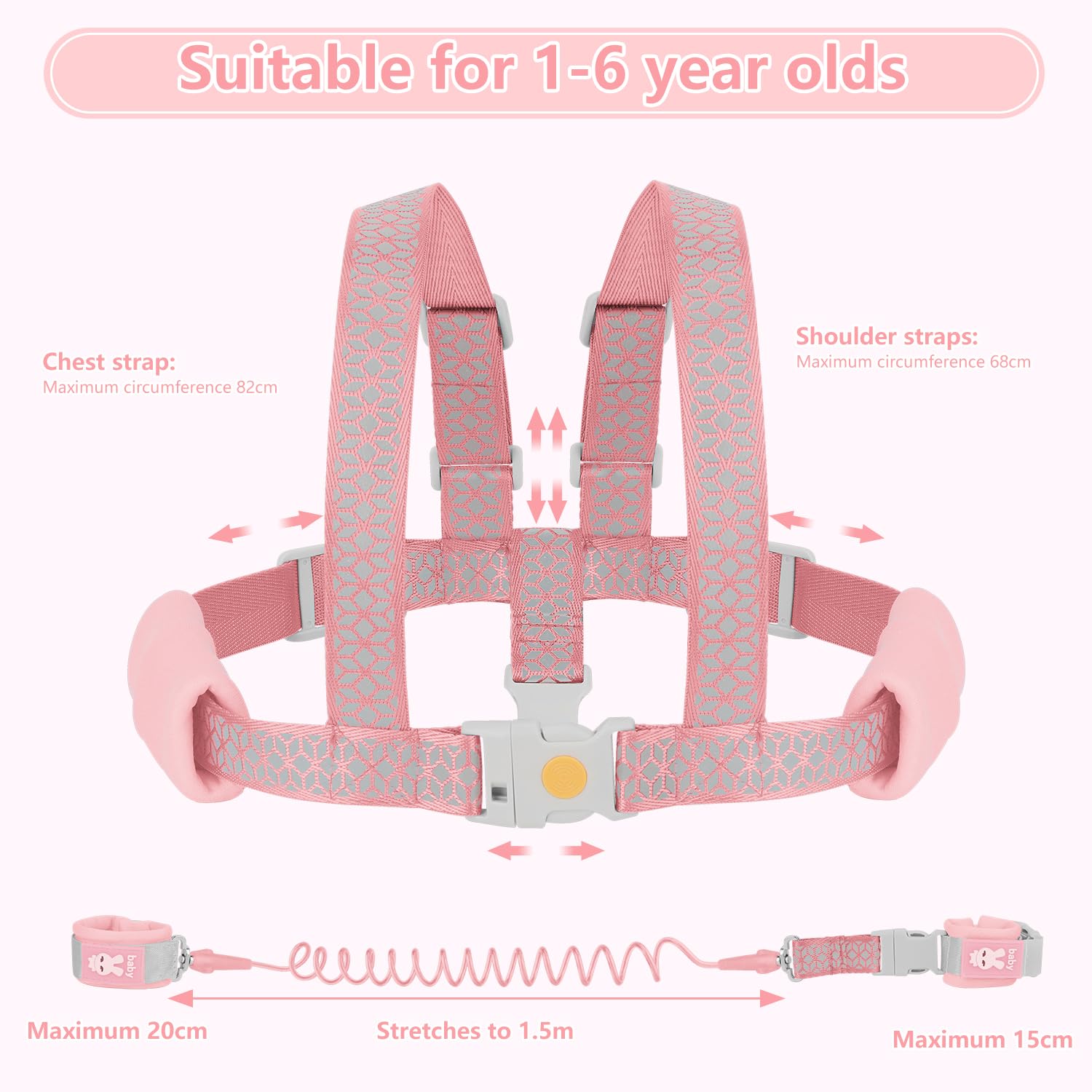 OWill Toddler Walking Harness, 1-3 Years Boys & Girls, Anti Lost Wrist Reins w/ Luminous Effect & Warning Whistle (1.5m Pink) - Image 2