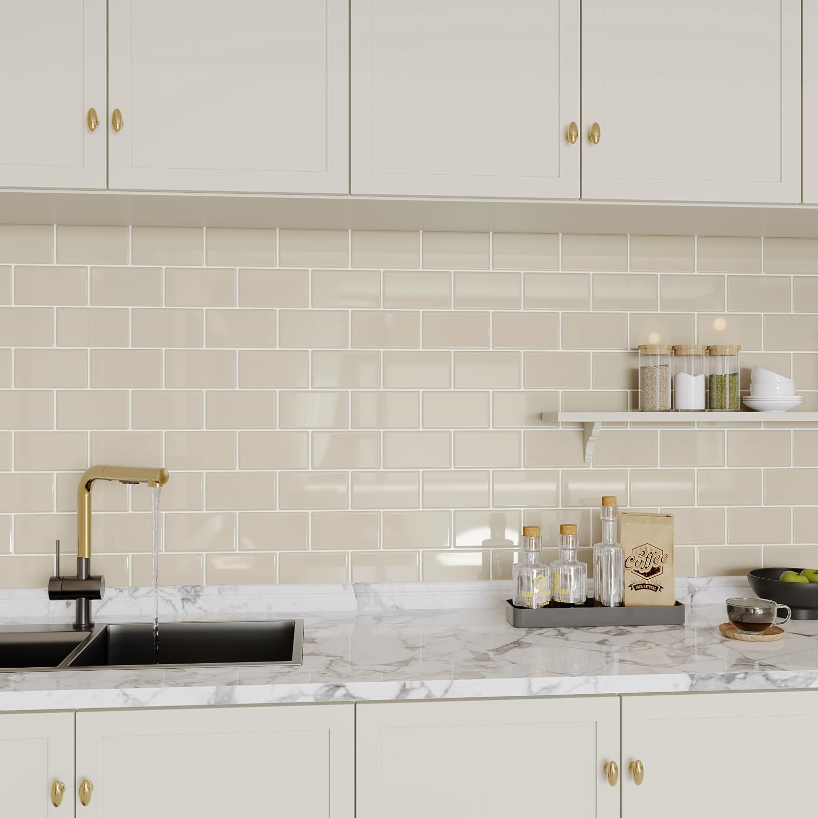 VEELIKE Mattonelle Adesive Cucina Beige Piastrelle Adesive Bagno 3D Adesivi per Piastrelle Cucina Moderna Adesivi Piastrelle Bagno Adesivo Parete Cucina Paraschizzi 30,5 cm x 30,5 cm 12 Pezzi