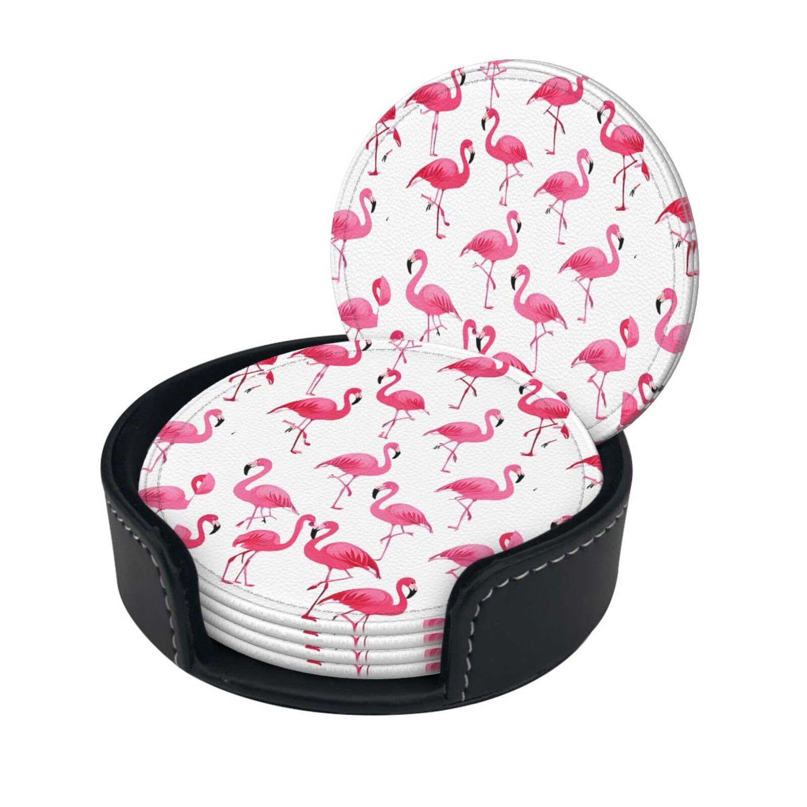 Pink Flamingo Print Print Coaster,Round Leather Coasters with Storage Box for Wine Mugs,Cold Drinks and Cups Tabletop Protection (6 Piece)