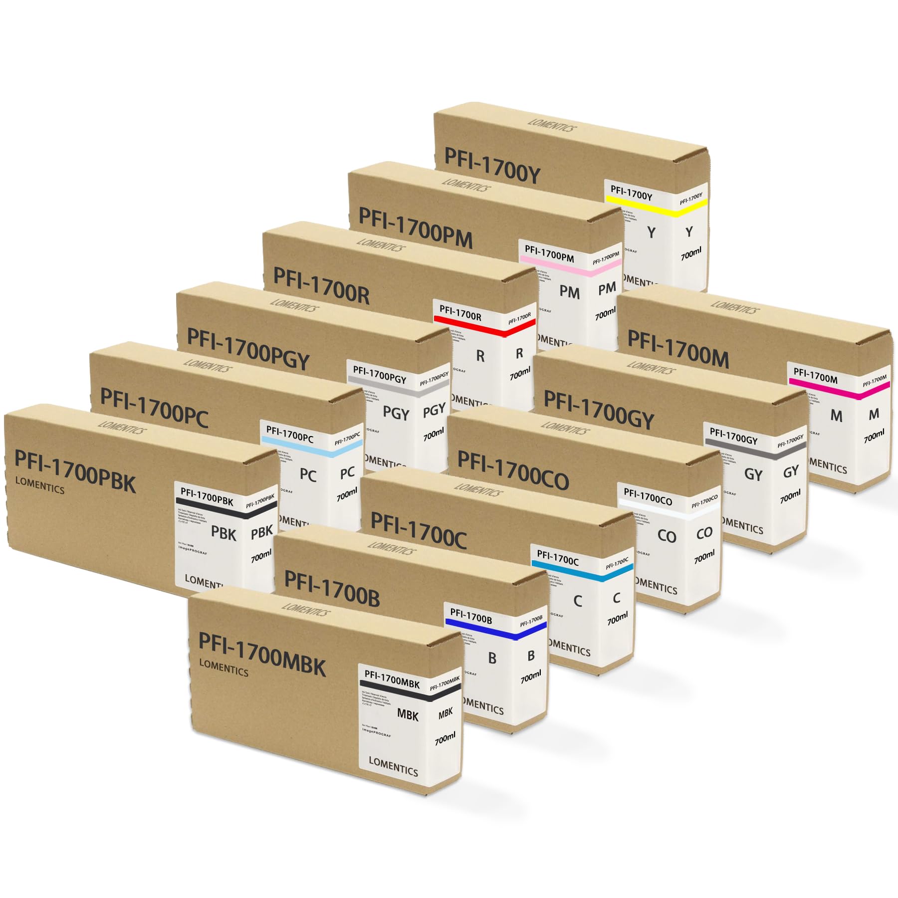 PFI-1700 Full Color 700ml Pigment Ink Tank (12-Pack, MBK BK C M Y R GY B PGY PC PM CO) -LOMENTI PFI-1700 Ink Cartridges Replacement for Canon imagePROGRAF PRO-2000 PRO-4000 PRO-4000S PRO-6000S Printe