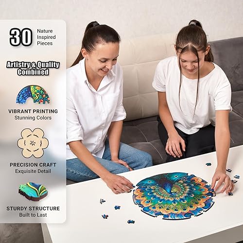 Miniatura 5 de LEOGOR Rompecabezas de madera para adultos  Pavo real  (200 piezas, 12 x 12 pulgadas)  Mandala redondo inspirado en la naturaleza  Coloridas formas