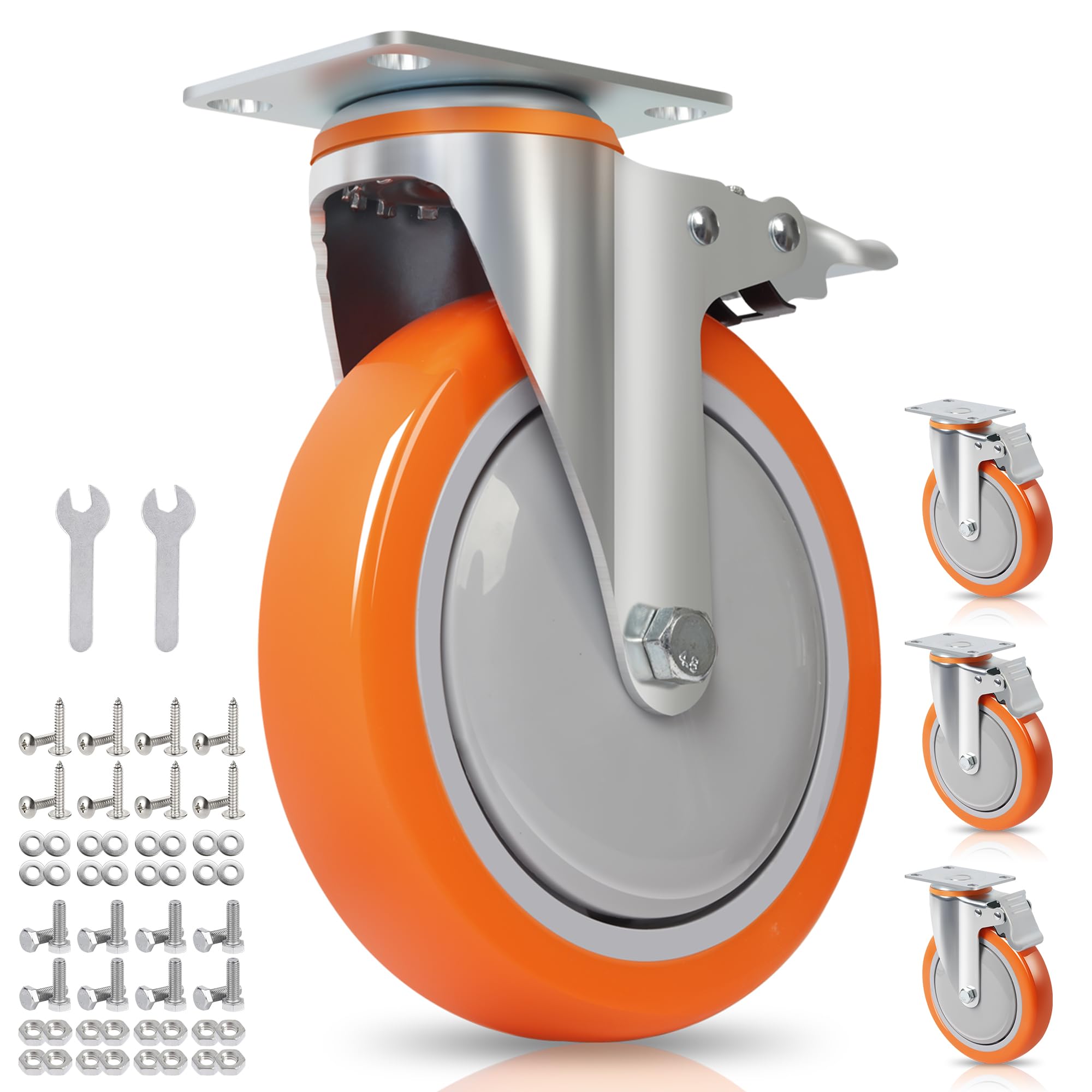Ruote Girevoli 150mm con Freno, Portata fino a 1000kg, Set 4 Ruote Industriali in Poliuretano, Ruote Pivottanti con Blocco Totale e Piastra di Montaggio per Carrelli e Banco da Lavoro