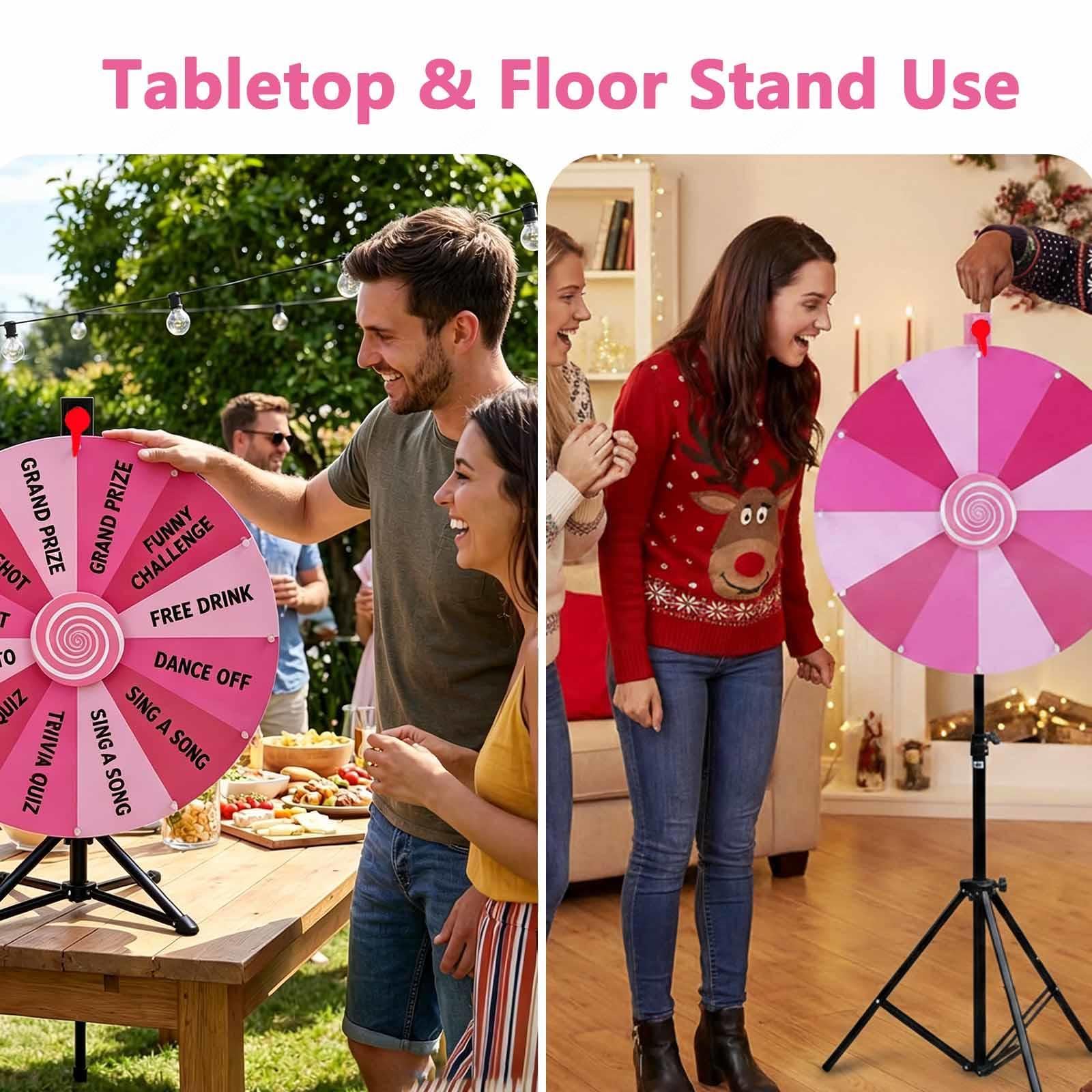 60cm Ruleta De La Suerte Altura Ajustable 100-200cm, Roda De Premio 14 Ranuras Coloridas para Carnaval y Feria Comercia,Pink