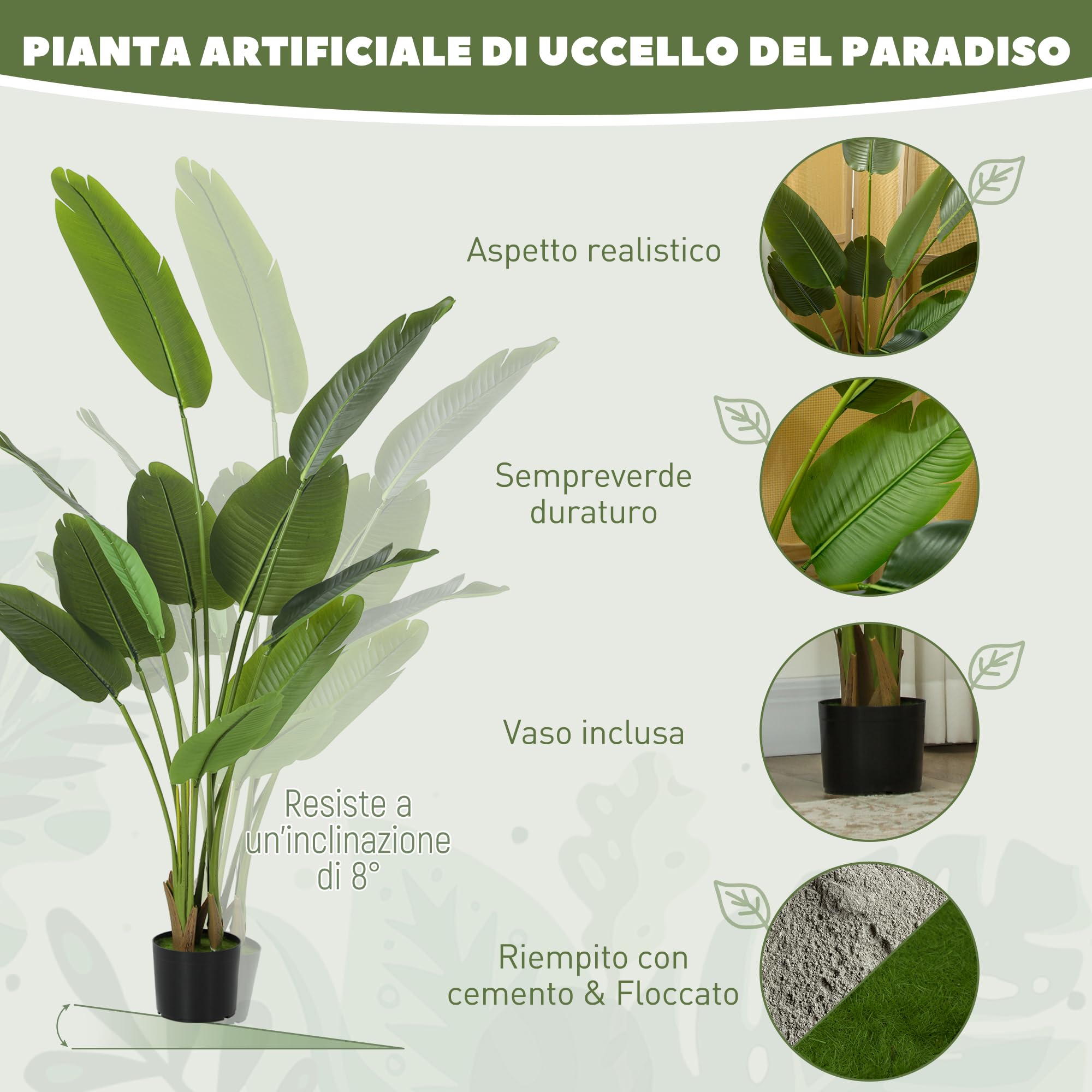 HOMCOM Pianta Artificiale da 160 cm a 10 Foglie in PEVA con Vaso da Ø16.5x13.5 cm, Pianta Verde Finta in Plastica