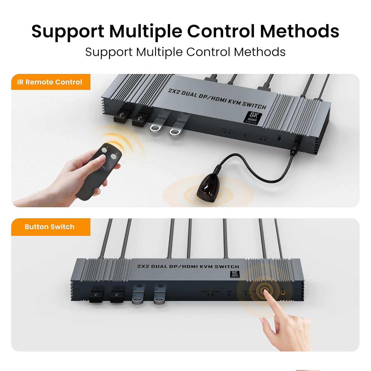 8K@60Hz HDMI+DP KVM Switch with 4-Port USB 3.0 Hub Dual HDMI Monitor KVM Switch for 2 Computers Supports Extended/Copy Mode, Keyboard & Mouse Sharing, Includes USB Cables & Remote Controller