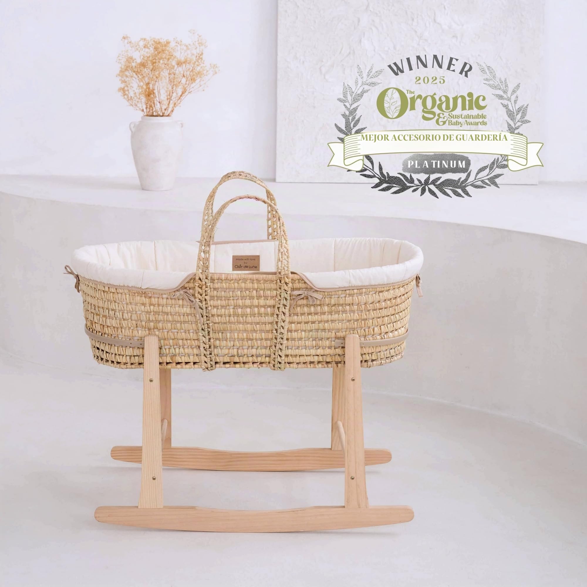 Clair de Lune Cesta de moisés de Palma orgánica, ganadora del Premio Dorado, Viene con apósito orgánico, colchón de bambú Natural y sábana Suave de 75 x 28 cm (Crema Natural)