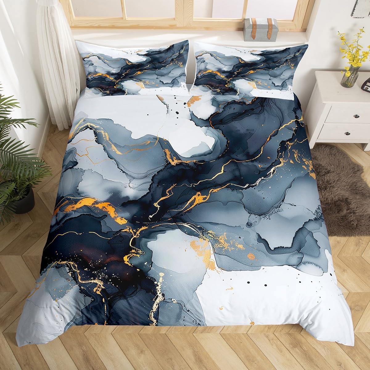 richhome Kids Blue and White Marble Duvet Cover Super King Modern Marble Aesthetic Bedding Set Retro Watercolor Artwork Design Comforter Cover Set Gold Bedspread 3Pcs