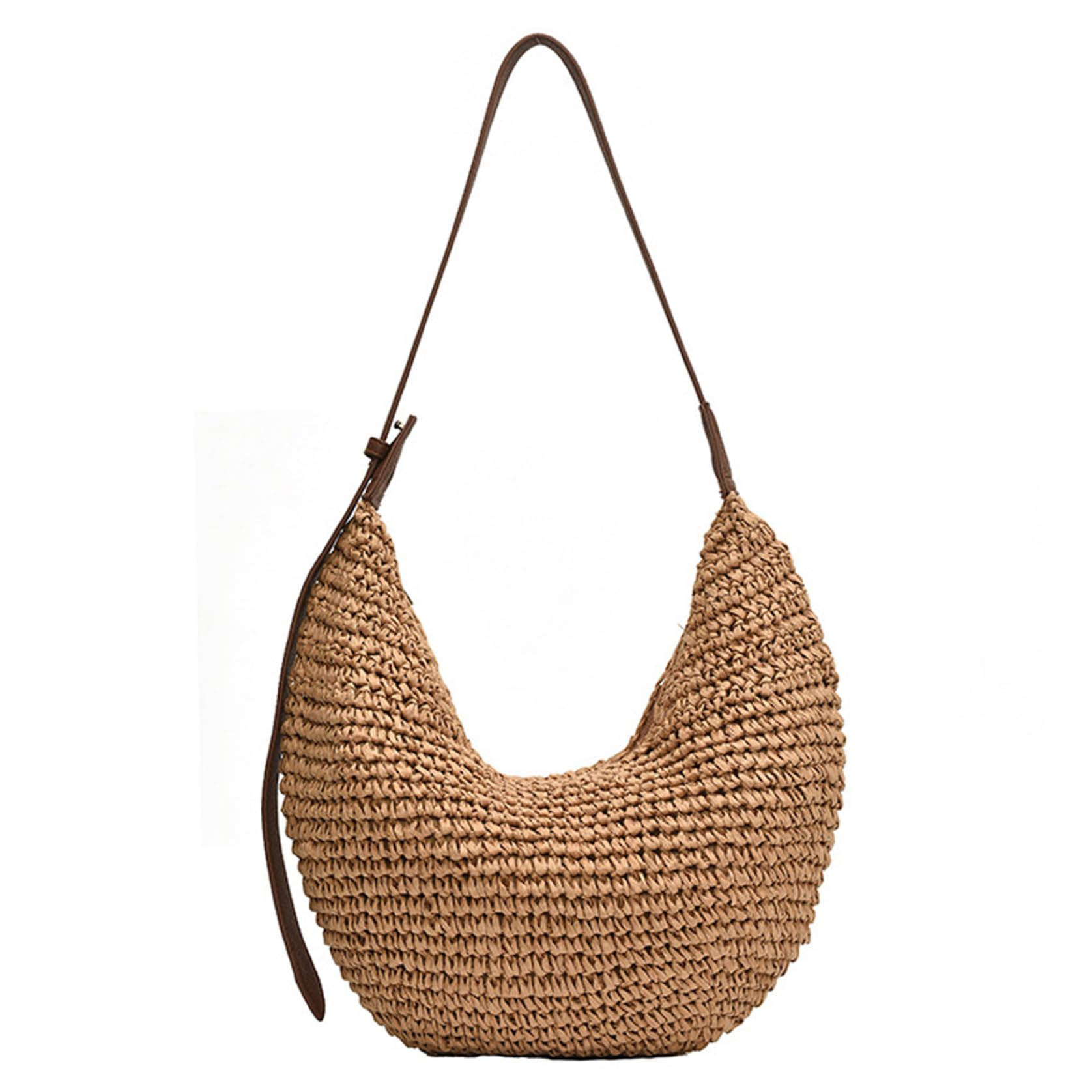 Wedhapy Straw Crossbody Bag Half Moon Bag for Women Beach Dumpling Crossbody 15x13x0.3 In Summer Causal Straw Shoulder with Adjustable Strap for Holiday Khaki